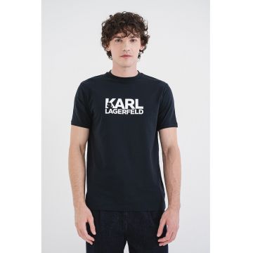 Tricou cu decolteu la baza gatului si imprimeu logo pe piept - Negru