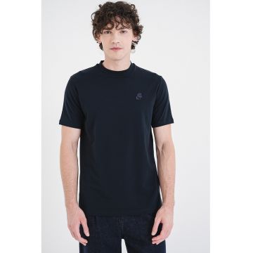 Tricou cu decolteu la baza gatului si logo brodat - Albastru ultramarin