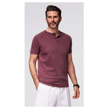 Tricou cu efect decolorat si nasturi la decolteu  OM-TSWT-0150 - Visiniu