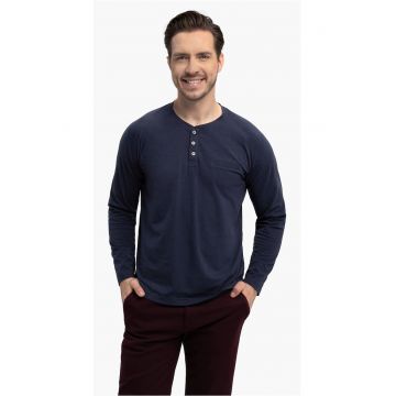 Tricou cu maneca lunga barbati  L-Charl - cu decolteu cu nasturi - regular fit - bleumarin - Bleumarin melange/Bleumarin
