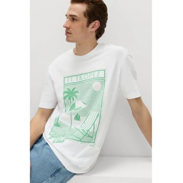 Tricou de bumbac cu decolteu la baza gatului si model grafic - Alb/Verde deschis
