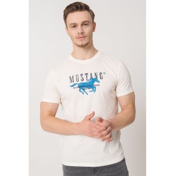 Tricou de bumbac cu imprimeu logo - Alb murdar/Albastru