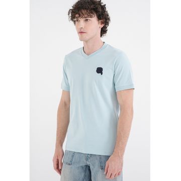 Tricou din amestec de bumbac cu decolteu en-coeur - Albastru deschis