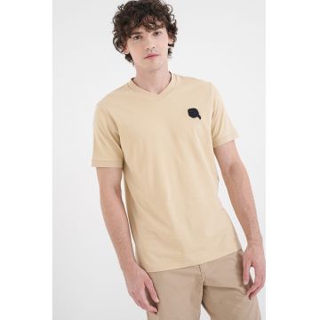 Tricou din amestec de bumbac cu decolteu en-coeur - Bej inchis