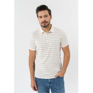 Tricou polo barbati cu dungi din bumbac - Regular Fit -  O-Lantiano - crem - Crem