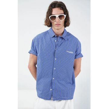 Camasa barbati -  casual cu maneca scurta - carouri - albastru Moroccan - bumbac