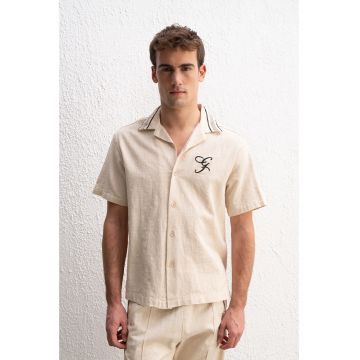 Camasa barbati -  cu maneca scurta - amestec de in - culoare Oatmeal Natural - casual