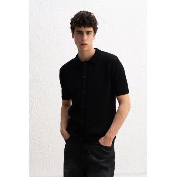 Camasa barbati -  polo - tricot texturat - maneca scurta - negru - 100% bumbac