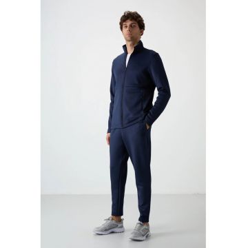 Set Activ  pentru Barbati - Hanorac cu Fermoar si Pantaloni Asortati - Albastru Marin - Poliester Scuba