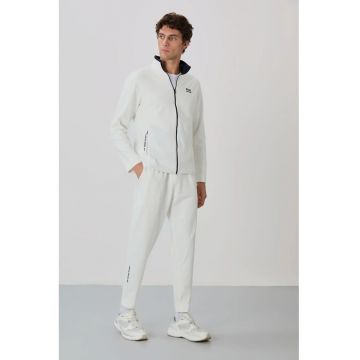 Set Trening Barbati  Bluza cu Guler cu Fermoar si Pantaloni - Alb Prafuit - Poliester/Viscosa/Elastan