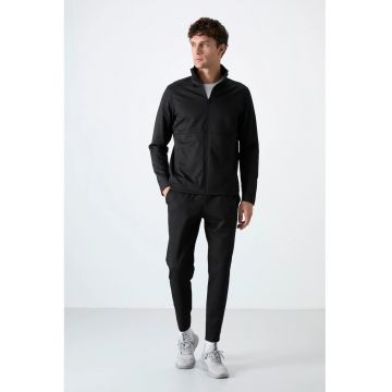 Set Trening Barbati  Bluza cu Guler cu Fermoar si Pantaloni - Negru - Poliester
