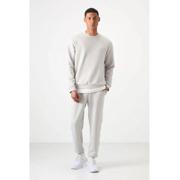 Set Trening Barbati  Bluza cu Maneca Lunga si Pantaloni - Alb Murdar - Bumbac/Poliester/Elastan