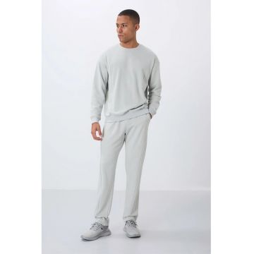 Set Trening Barbati  Bumbac/Poliester - Hanorac cu Maneca Lunga si Pantaloni Asortati - Gri Deschis