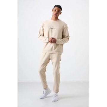 Set Trening  Barbati - Fleece Imprimat - Bej Natural - Elastic - 50% bumbac