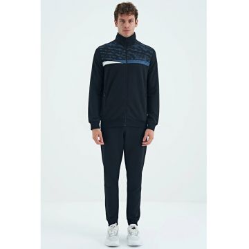 Set Trening Barbati -  Guler cu Fermoar - Pantaloni Imprimati - Negru - Bumbac