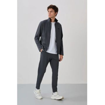 Set Trening Barbati  Hanorac cu Fermoar si Pantaloni - Gri Antracit - Poliester - Regular Fit