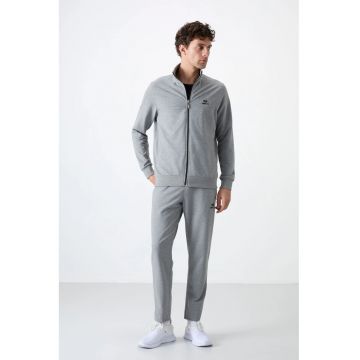 Set Trening Barbati -  Hanorac cu Guler cu Fermoar si Pantaloni - Croiala Lejera - Gri Carbune - Bumbac
