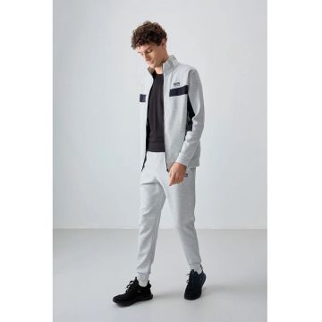 Set Trening din Fleece  pentru Barbati - Gri Deschis - Fermoar - 77% poliester/23% bumbac