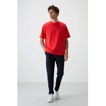 Set Trening Lifestyle Barbati -  Set Oversized Tricou si Pantaloni - Albastru Marin/Rosu - Bumbac/Poliester
