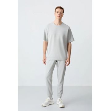 Set Trening Lifestyle Barbati -  Tricou si Pantaloni Oversized - Gri deschis - Bumbac/Poliester