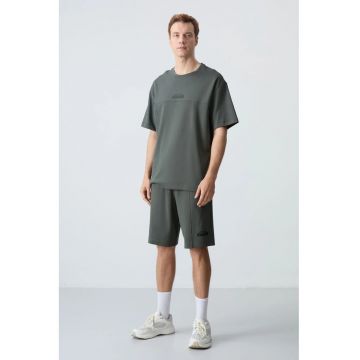 Set Trening Lifestyle Barbati -  Tricou si Pantaloni Scurti Supradimensionati - Gri Antracit - Bumbac/Poliester