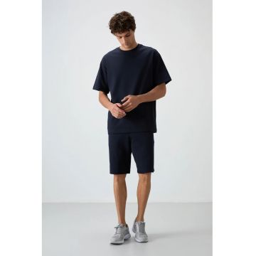 Set Trening Lifestyle Barbati -  Tricou Supradimensionat si Pantaloni Scurti - Albastru Marin - Bumbac/Poliester