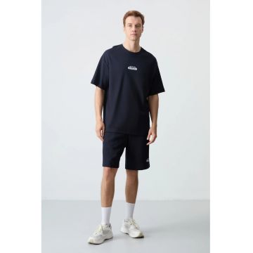 Set Tricou si Pantaloni Scurti Supradimensionat  Barbati - Albastru Marin - Bumbac/Poliester