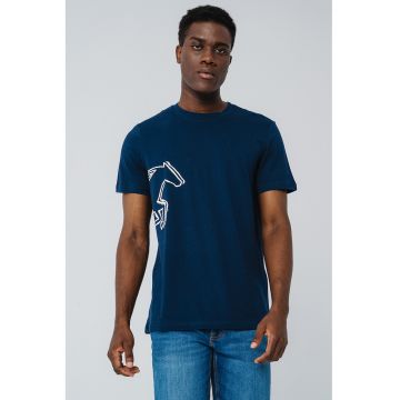 Tricou cu decolteu la baza gatului si imprimeu grafic Austin - Alb/Bleumarin