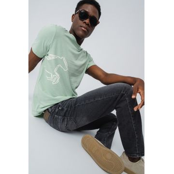 Tricou cu decolteu la baza gatului si imprimeu grafic Austin - Alb optic/Verde menta