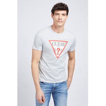 Tricou slim fit cu decolteu la baza gatului si imprimeu logo triunghiular - Rosu/Gri melange