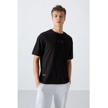 Tricou  supradimensionat cu guler rotund - broderie - negru - pentru barbati