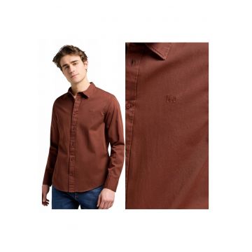 Camasa Pentru Barbati -  Marimea S - Maro - Patch Shirt - Croiala Regular Fit - Model Drept Regular - Inchidere Nasturi - 100% Bumbac