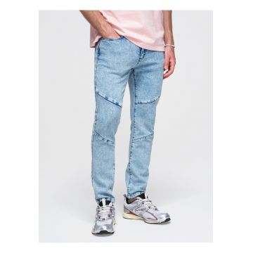Pantaloni barbati slim fit din denim cu efect marmorat P1527 - Albastru deschis