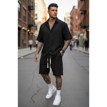 Trening barbati slim fit negru Pantaloni + camasa S110