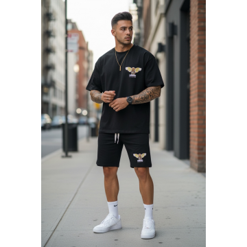 Trening barbati slim fit negru Pantaloni + tricou S107