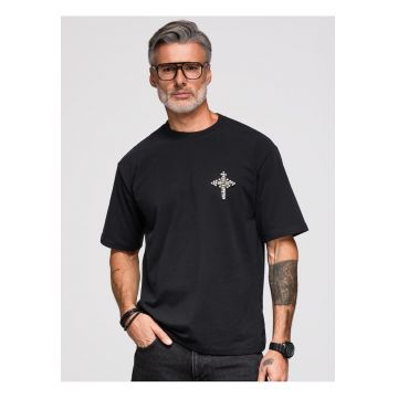 Tricou barbati loose fit cu aplicatie decorativa cruce - decolteu rotund OM-TSCT-0276 - Negru -