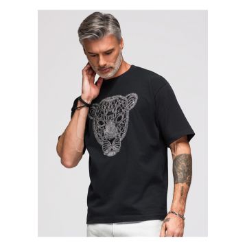 Tricou barbati loose fit cu aplicatie pantera si decolteu rotund OM-TSCT-0278 - Negru -