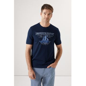 Tricou regular fit cu decolteu la baza gatului - Bleumarin