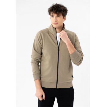 Bluza de trening din bumbac cu fermoar - cu buzunare - regular fit - cu guler inalt -  B-Guest - kaki - Kaki