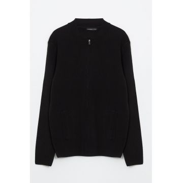 Cardigan cu fermoar si maneci lungi - Negru