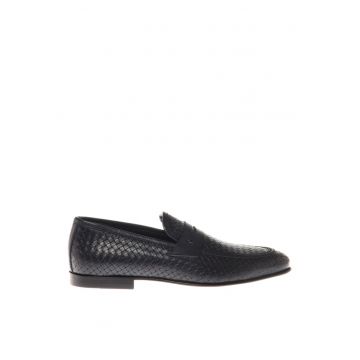 Pantofi loafer de piele cu aspect impletit - Albastru inchis