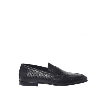 Pantofi loafer de piele cu aspect tesut - Negru