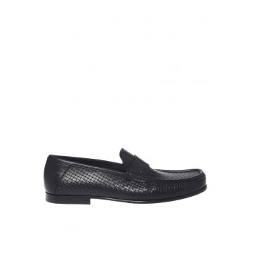 Pantofi loafer de piele cu aspect tesut - Negru