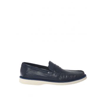 Pantofi loafer de piele cu perforatii - Albastru