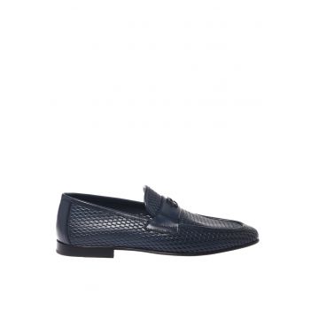 Pantofi loafer de piele cu perforatii - Albastru