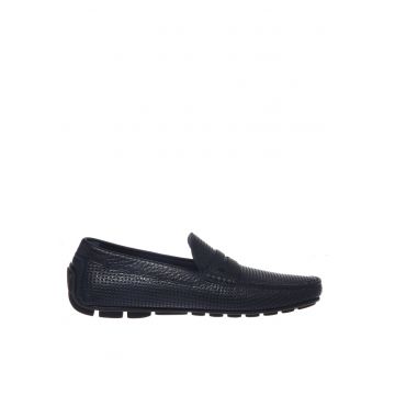 Pantofi loafer de piele ganulata cu perforatii - Albastru