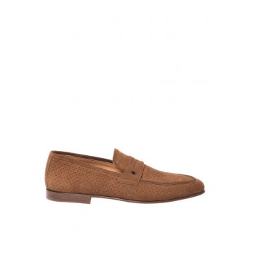 Pantofi loafer de piele intoarsa cu logo - Maro