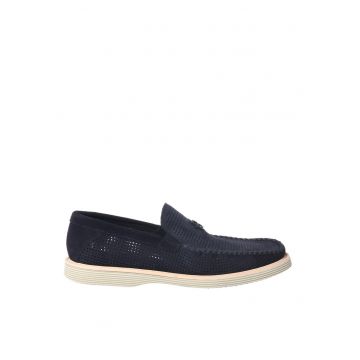 Pantofi loafer de piele intoarsa cu perforatii - Albastru