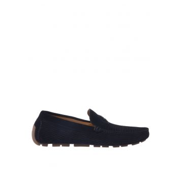Pantofi loafer de piele intoarsa cu perforatii - Albastru