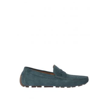 Pantofi loafer de piele intoarsa cu perforatii - Albastru petrol